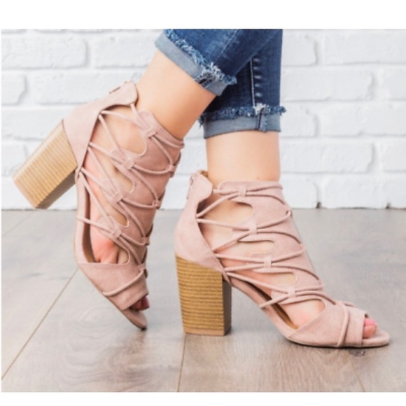 Qupid Clyde Cut Out Strappy Blush Pink Peep Toe Block Heel Booties - Picture 5 of 12